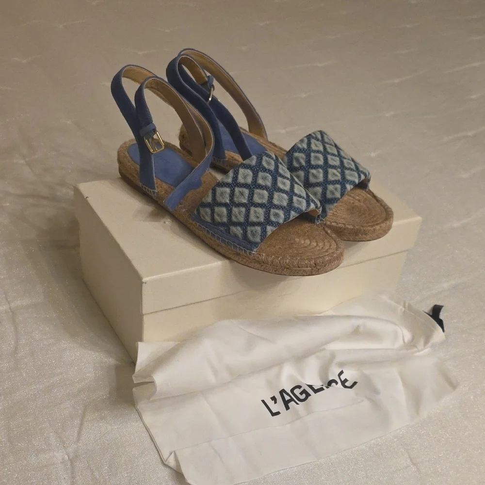 L'AGENCE Quilted Denim Blue Espadrille Ankle-Strap Sandal 8.5